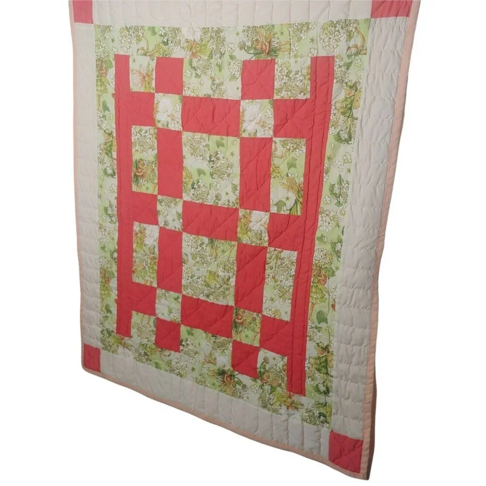 Homemade Baby Quilt Woodland Fairies Sparkle Green Floral Pink Patchwork Magical - Picture 2 of 11